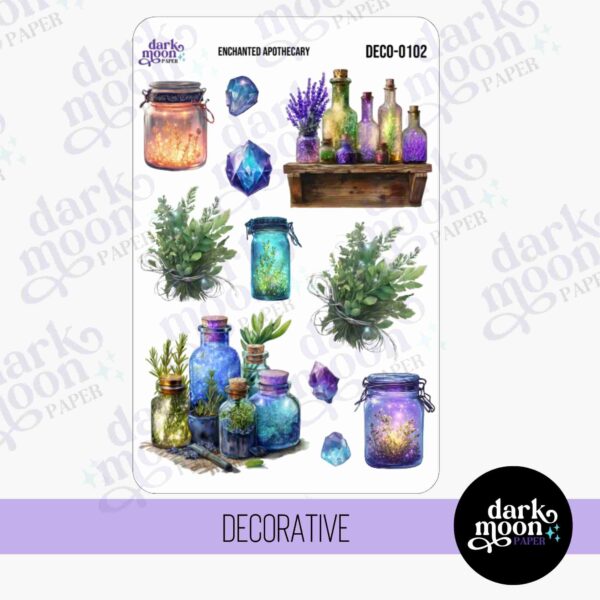 A decorative sticker assortment featuring the Enchanted Apothecary sticker design, with ethereal potion bottles, crystals, herbs, and an old apothecary shop design.