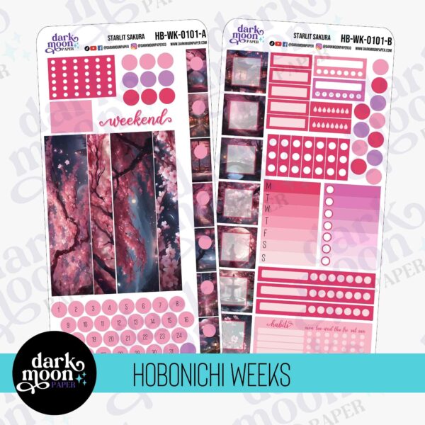 Cherry blossom themed hobonochi weeks layout ideas, planner sheets with full box decorative stickers and patterned washi