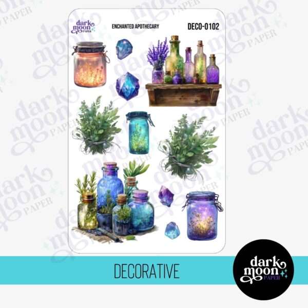 Decorative sticker sheet for Enchanted Apothecary Hobonichi Weeks kit of stickers featuring mystical potion bottles, herbs, and vintage-inspired labels for a magical, creative planning experience.