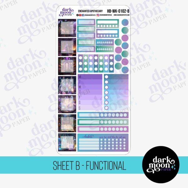 Functional sheet of Enchanted Apothecary Hobonichi Weeks kit of stickers featuring mystical potion bottles, herbs, and vintage-inspired labels for a magical, creative planning experience.