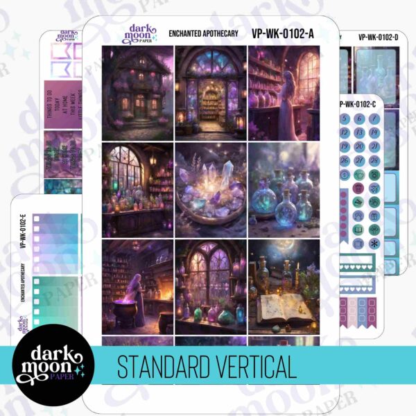 Enchanted Apothecary vertical planner weekly kit of stickers featuring mystical potion bottles, herbs, and vintage-inspired labels for a magical, creative planning experience.