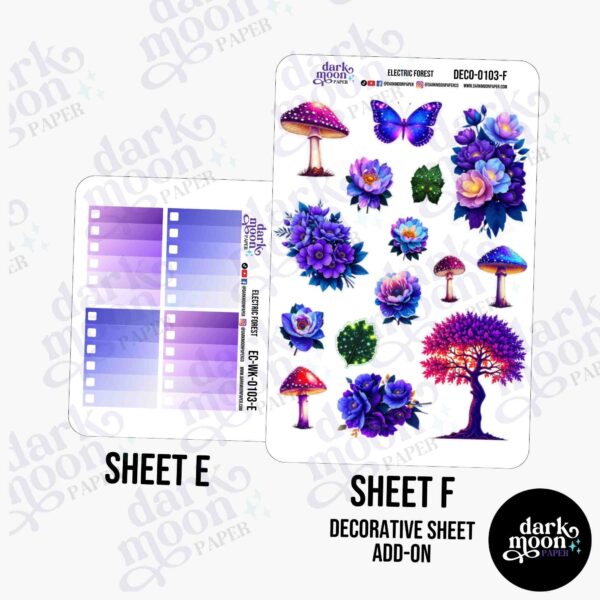 Checklists and decorative stickers of the Electric Forest sticker kit for a planner weekly vertical layout.