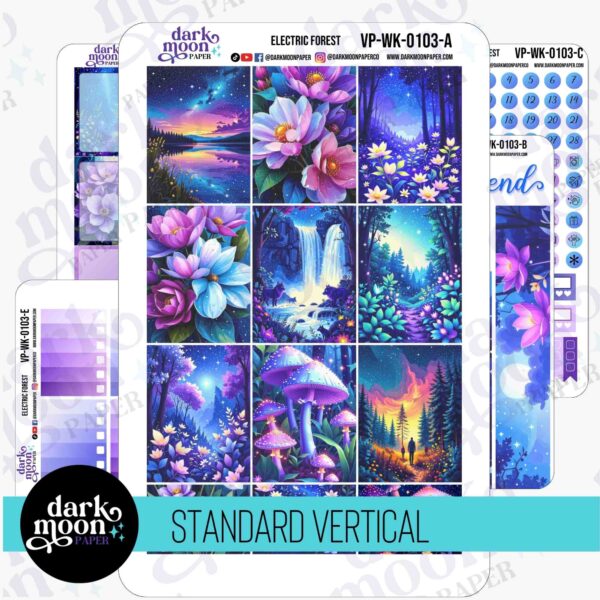 Bright blues and greens in the Electric Forest sticker kit for a planner weekly vertical layout.