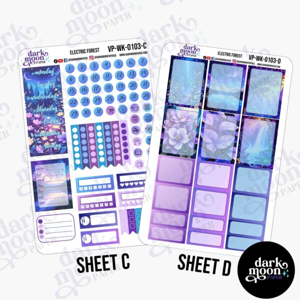 Date covers and sticky notes of the Electric Forest sticker kit for a planner weekly vertical layout.