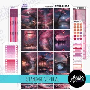 Starlit Sakura vertical planner layout ideas for a weekly planner, full kit view of 6 sticker sheets