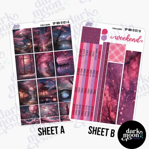 Cherry blossom themed vertical planner layout ideas, planner sheets with full box decorative stickers and patterned washi