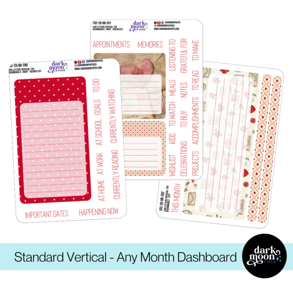 Love themed dashboard stickers for any month, sized for a standard vertical planner