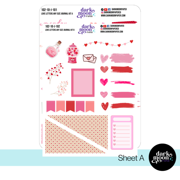 Love themed journal kit with hearts, washi and decorative stickers, page 1