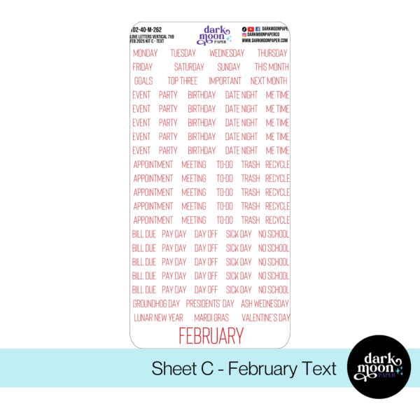 Text and headers for A February valentine themed sticker kit for standard vertical sized planners on the monthly calendar pages