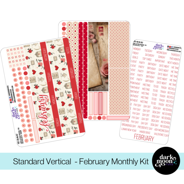 A February valentine themed sticker kit for standard vertical sized planners on the monthly calendar pages