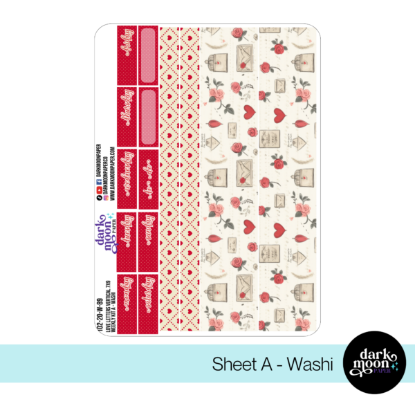 Weekly planner sticker kit for standard vertical planners in a valentine heart theme, washi sheet page