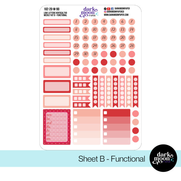 Weekly planner sticker kit for standard vertical planners in a valentine heart theme, functional page