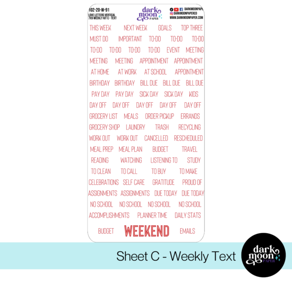 Weekly planner sticker kit for standard vertical planners in a valentine heart theme, text header page