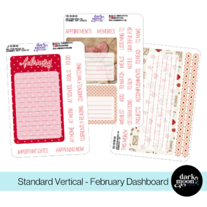 February monthly dashboard stickers for standard vertical planners in a valentine theme