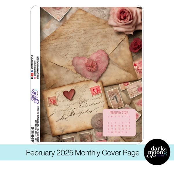 Love themed monthly cover page for standard vertical planners, February 2025 calendar