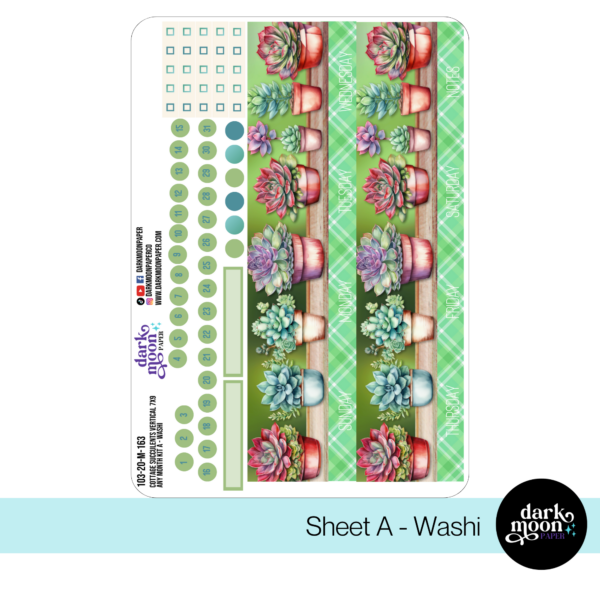 vertical monthly layout planner pages for a 7x9 planner in a succulent plant theme washi sheet view