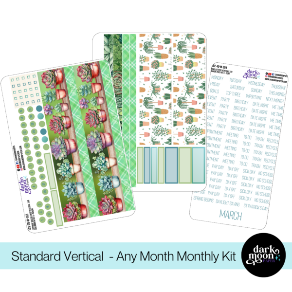 vertical monthly layout planner pages for a 7x9 planner in a succulent plant theme