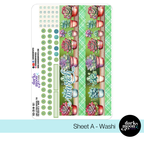 March 2025 vertical monthly layout planner pages for a 7x9 planner in a succulent plant theme, washi sheet view