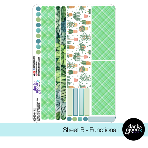 March 2025 vertical monthly layout planner pages for a 7x9 planner in a succulent plant theme, washi view