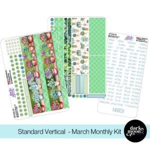 March 2025 vertical monthly layout planner pages for a 7x9 planner in a succulent plant theme