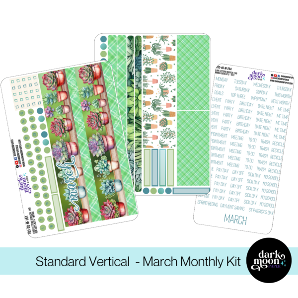 March 2025 vertical monthly layout planner pages for a 7x9 planner in a succulent plant theme