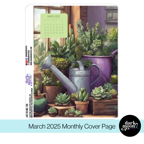 monthly cover page for a 7x9 planner in a succulent plant theme with march calendar