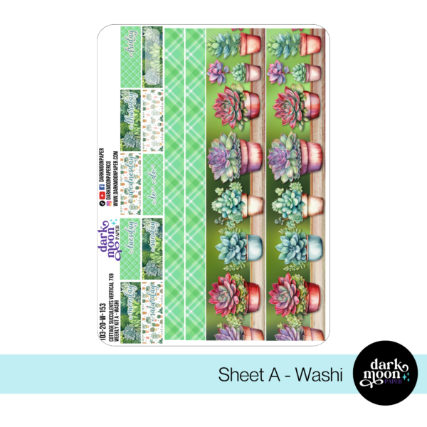 Standard vertical planner pages for a 7x9 planner in a succulent plant theme, washi sheet view