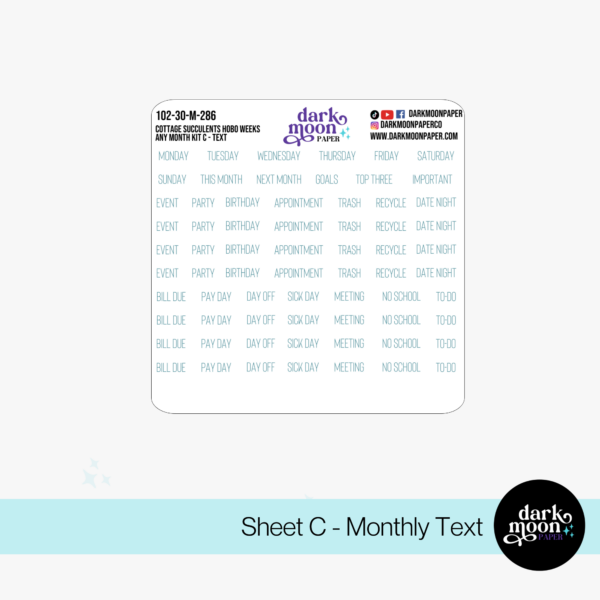 Hobonichi Weeks Any Month Monthly sticker Kit featuring succulent plants, text sheet closeup