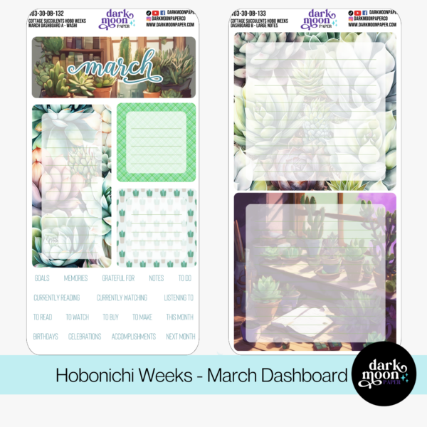 A succulent plant themed monthly dashboard planner sticker kit for the hobonichi weeks sized planner, closeup view