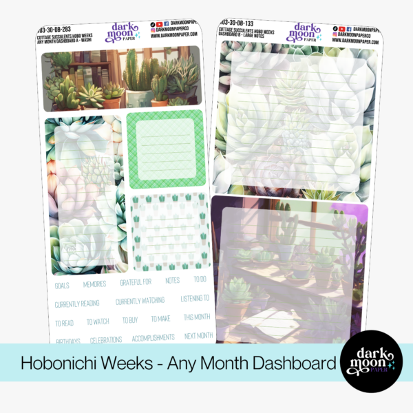 A succulent plant themed any month monthly dashboard planner sticker kit for the hobonichi weeks sized planner