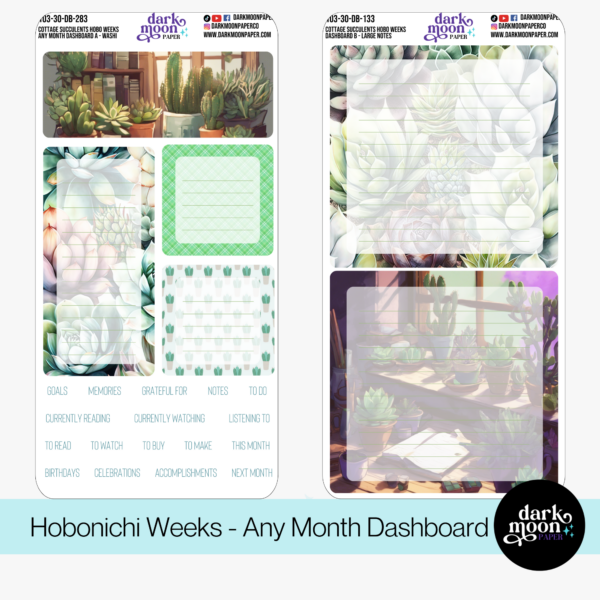 A succulent plant themed undated monthly dashboard planner sticker kit for the hobonichi weeks sized planner, closeup