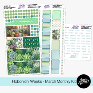 A succulent plant themed March monthly calendar layout planner sticker kit for the hobonichi weeks sized planner