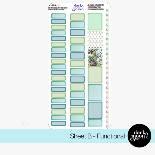 A succulent plant themed March monthly calendar layout planner sticker kit for the hobonichi weeks sized planner, functional sheet closeup