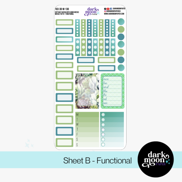 A succulent plant themed weekly planner sticker kit for the hobonichi weeks sized planner, view of the functional page