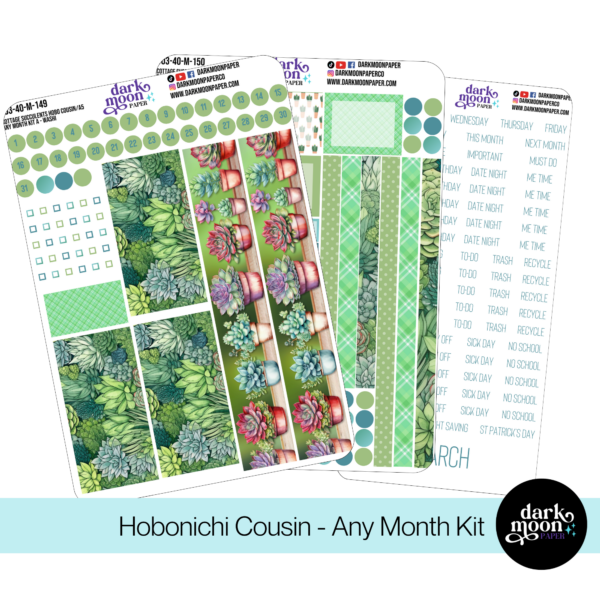 A monthly calendar sticker kit for hobonichi cousin and other A5 planners in a succulent plant theme