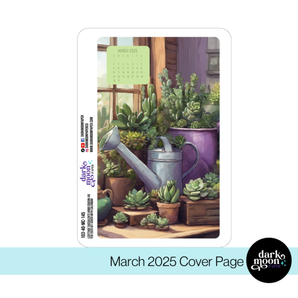 March 2025 Decorative cover page for hobonichi cousin planners or other A5 sized notebooks, featuring succulent plants in a windowsill