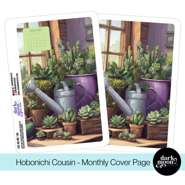 Decorative cover page for hobonichi cousin planners or other A5 sized notebooks, featuring succulent plants in a windowsill