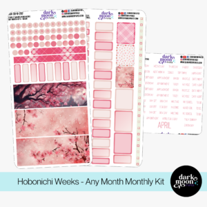 A cherry blossom themed sticker kit for monthly calendar pages in a hobonichi weeks planner notebook