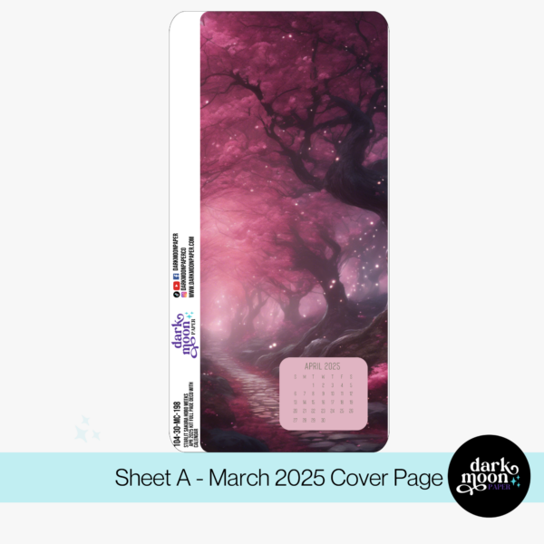 A vibrant pink sakura tree with cherry blossoms falling onto a path, as an April 2025 cover page for a hobonichi weeks planner