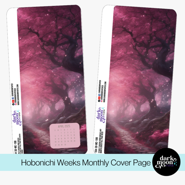 A vibrant pink sakura tree with cherry blossoms falling onto a path, as a cover page for a hobonichi weeks planner