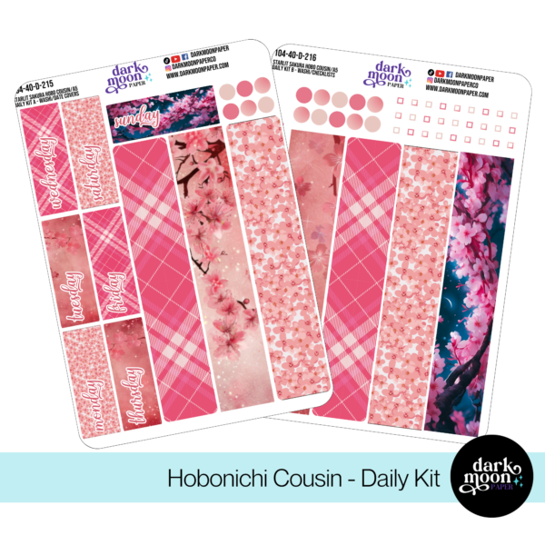 A pink cherry blossom themed sticker kit for decorating the daily pages in a hobonichi cousin A5 planner