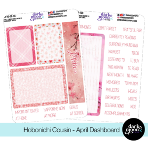 A pink cherry blossom themed monthly dashboard for the month of april in a hobonichi cousin planner