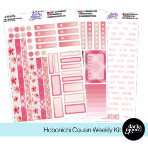 Pink cherry blossom illustrations on a weekly layout sticker kit for hobonichi cousin planners