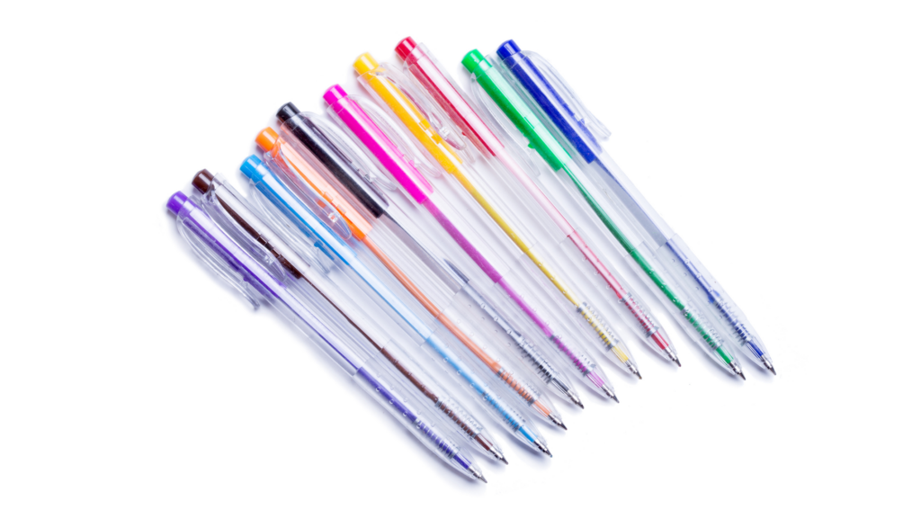 A neatly arranged stack of colorful pens.