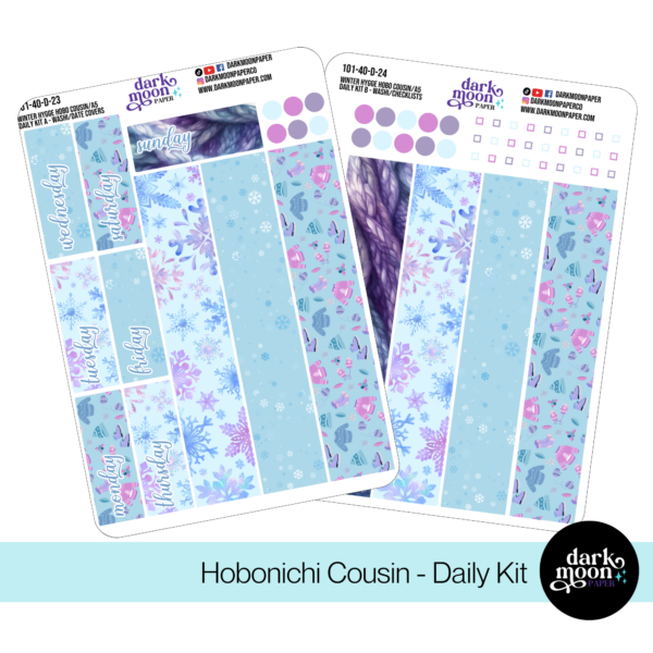 Daily layout sticker kit for hobonichi cousin daily pages, in a light blue winter theme