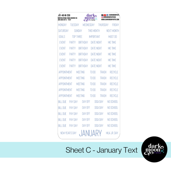 Text page of January monthly planner calendar kit for the hobonichi cousin planner notebook