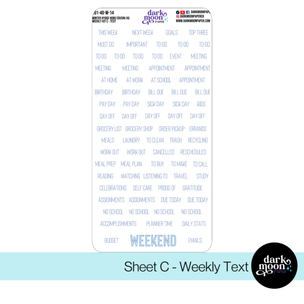 Text page of the Winter themed weekly planner sticker kit for the hobonichi cousin planner