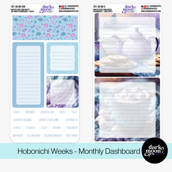 A winter themed dashboard sticker kit sized for the hobonichi weeks planner