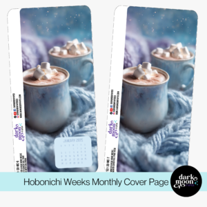 Winter themed monthly cover pages for the Hobonichi Weeks planner, featuring a mug of hot cocoa