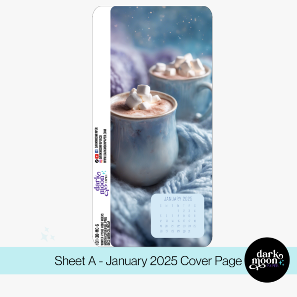 Winter themed monthly cover pages for the Hobonichi Weeks planner, featuring a mug of hot cocoa and a small January 2025 calendar